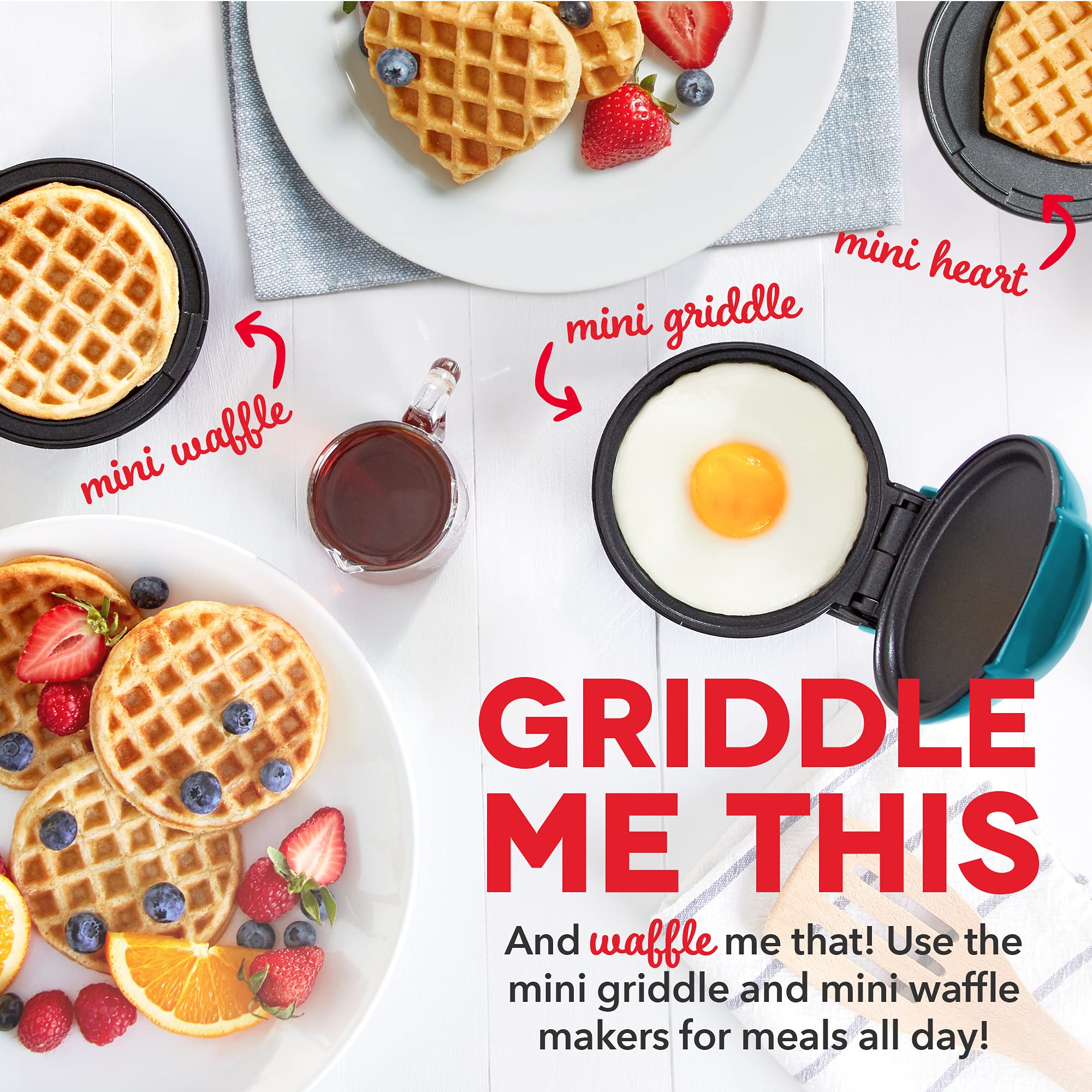 Dash Mini Maker 3-Pack Gift Set, Mini Waffle Maker + Mini Heart-Shaped Waffle Maker + Mini Maker Griddle